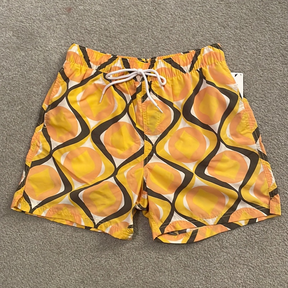 Urban Outfitters Yellow Geometric Print 5” Inseam Swim Shorts